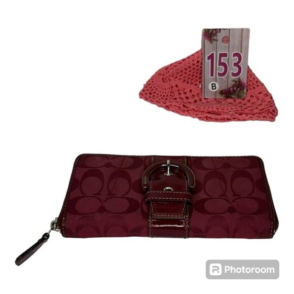 Coach Crimson Signature Monogram Fabric & Leather Accordion Zipper Wallet - Picture 1 of 12